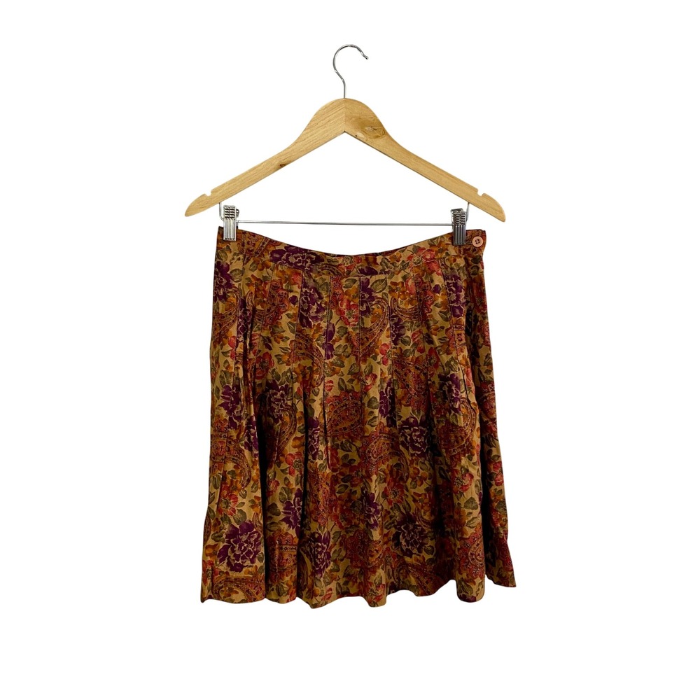 VTG Britches 90s Rayon Pleated Skirt Sz 12 Boho Floral Paisley Academia